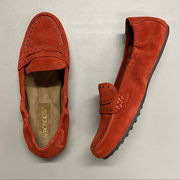 AEROSOLES Shoes - Aerosoles Drive Up Loafter Orange Suede Leather Upper Flat Shoe Studded Size 8.5